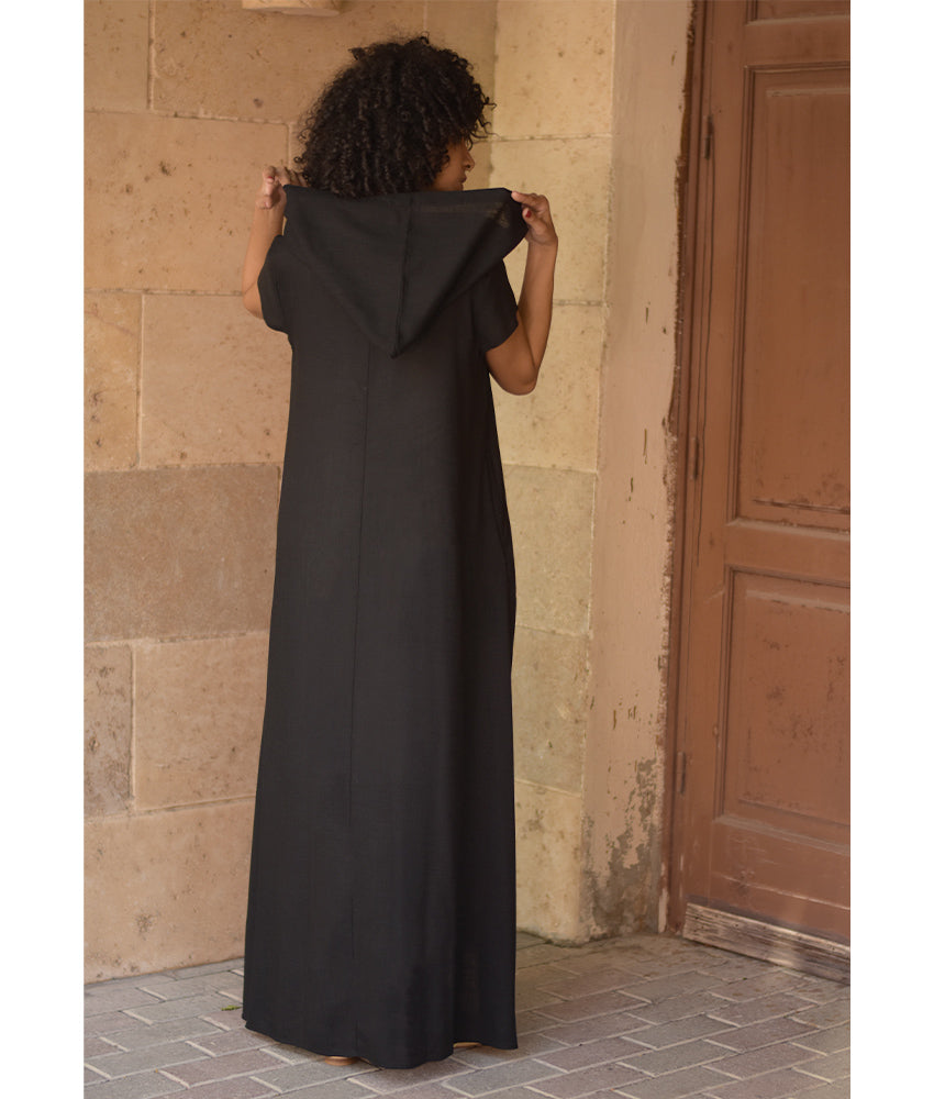 Black Linen Dress with Hoodie handmade in Egypt & available at Jozee Boutique.