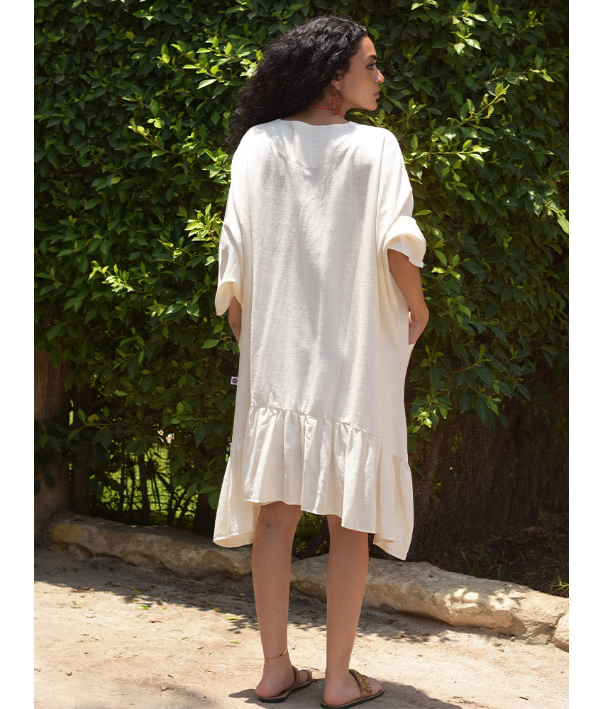 Off White Linen Midi Dress handmade in Egypt & available at Jozee Boutique.