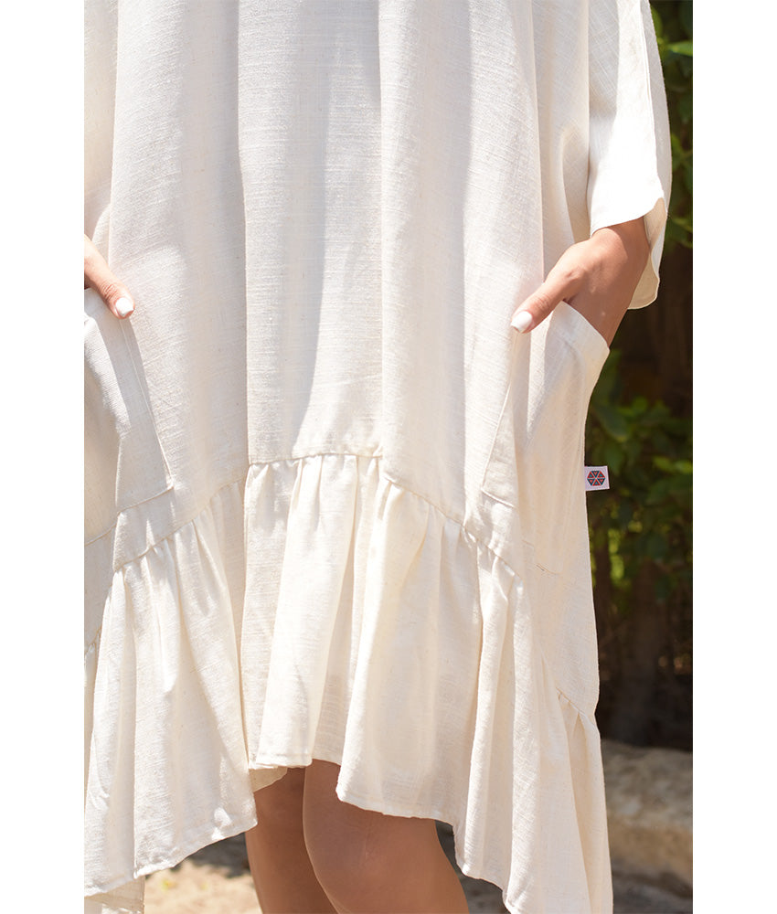 Off White Linen Midi Dress handmade in Egypt & available at Jozee Boutique.
