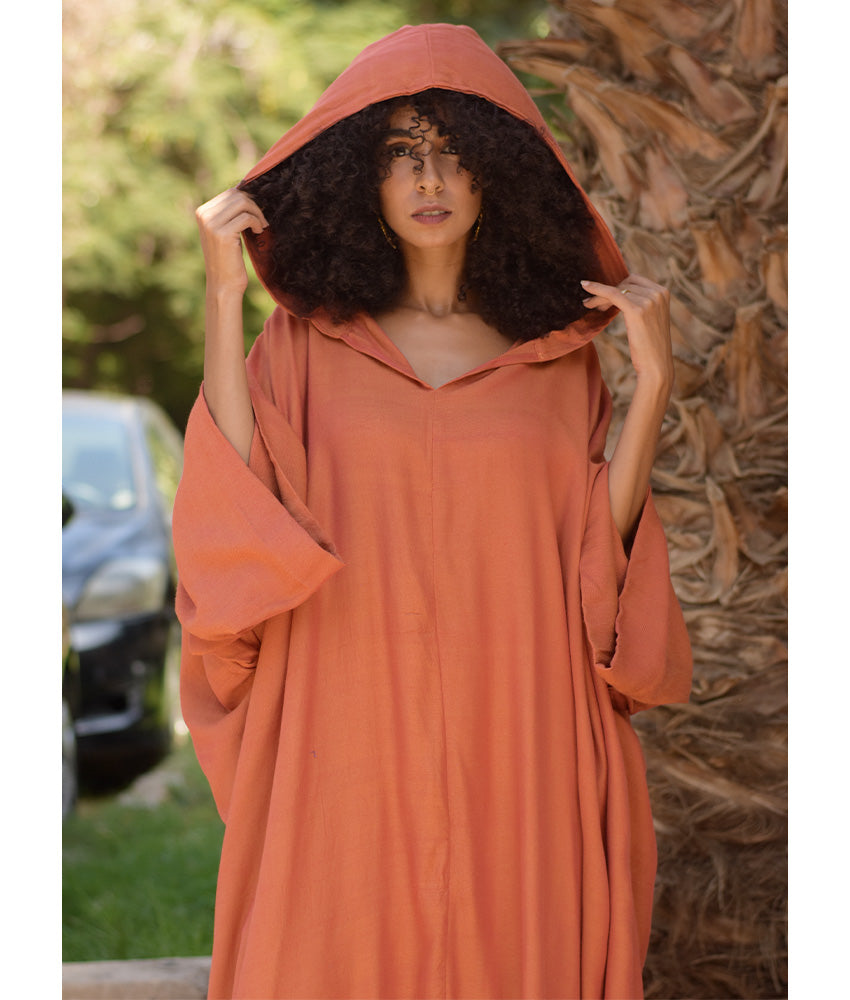 Burnt Orange Viscose Kaftan with Hoodie
