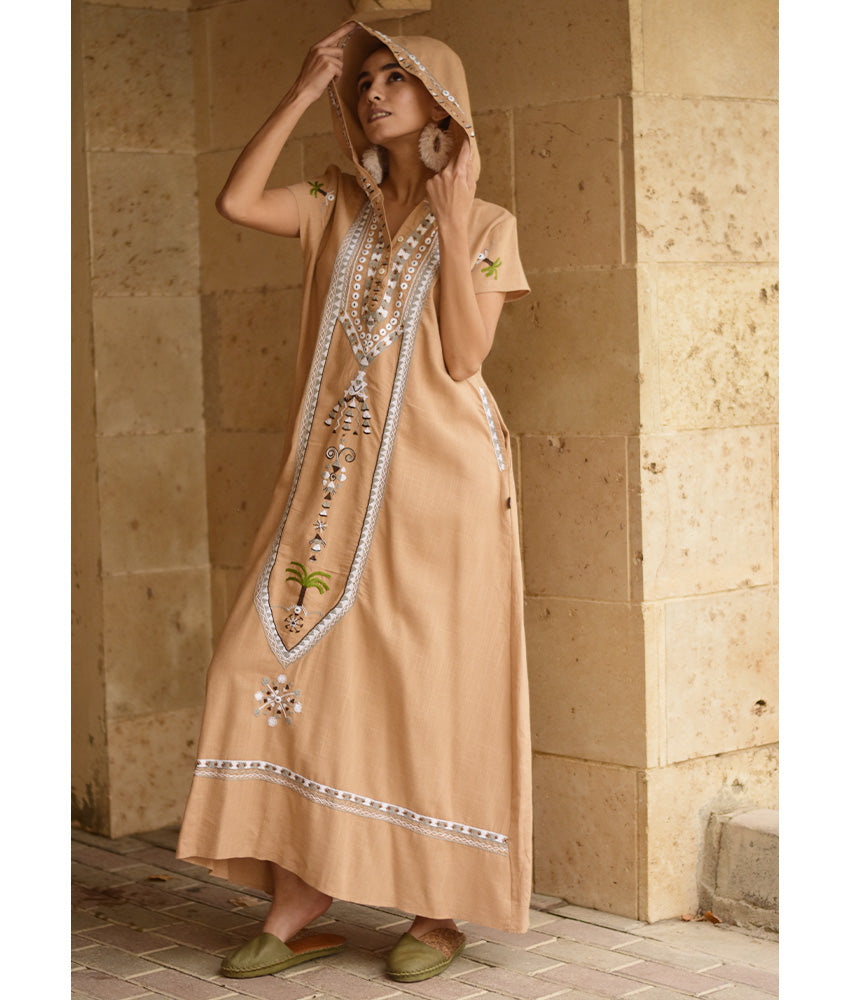 Dark Beige Siwa Embroidered Linen Dress with Hoodie handmade in Egypt & available at Jozee Boutique.
