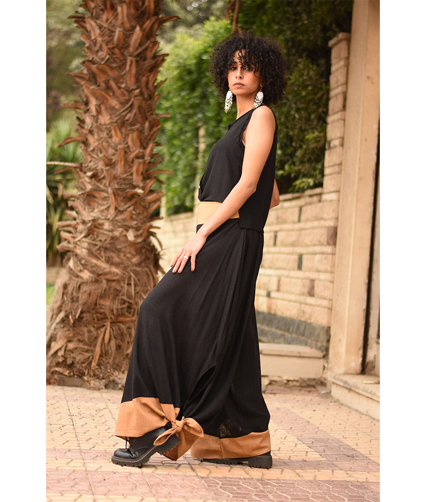 Black Flowy Pants with Camel Patches handmade in Egypt & available in Jozee boutique