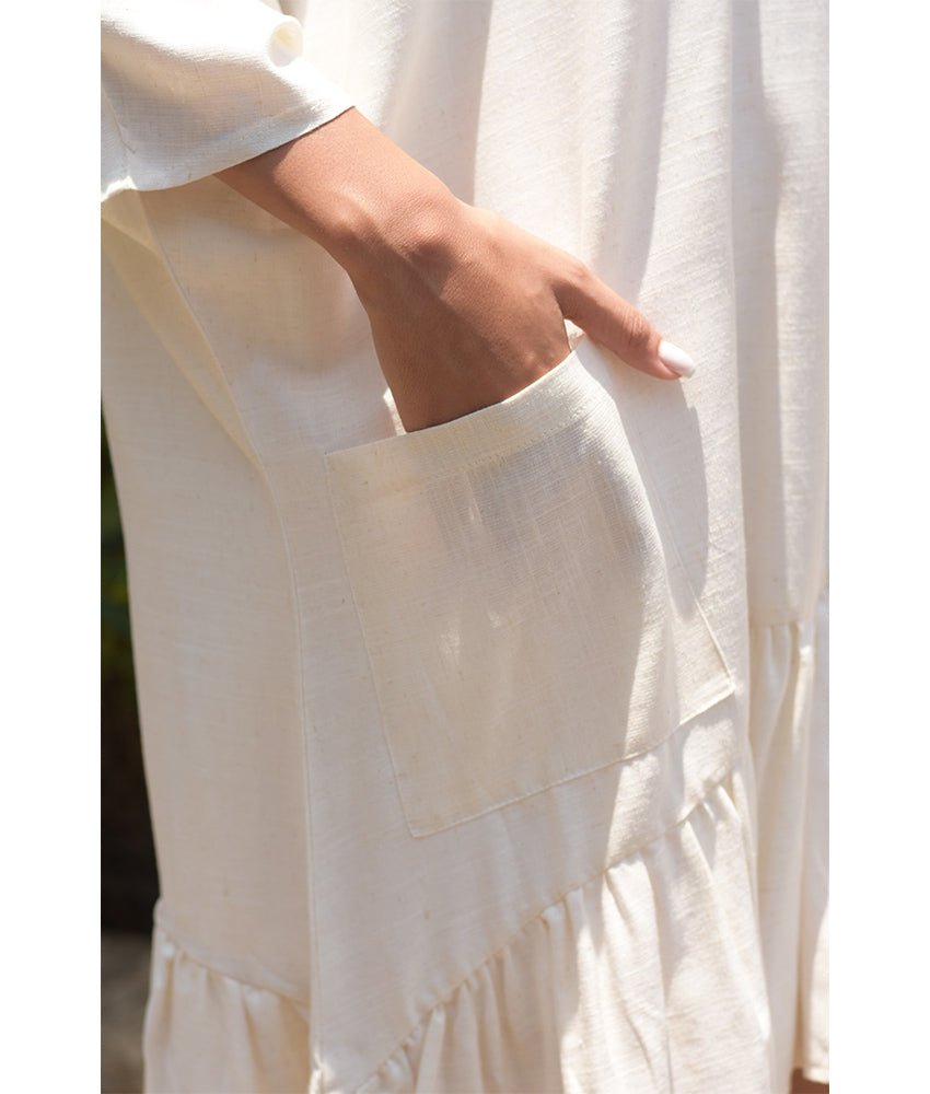 Off White Linen Midi Dress handmade in Egypt & available at Jozee Boutique.