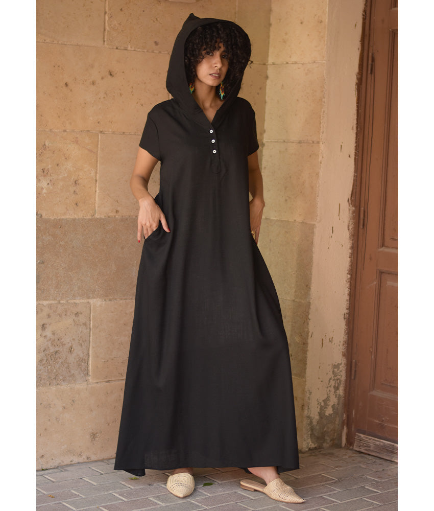 Black Linen Dress with Hoodie handmade in Egypt & available at Jozee Boutique.