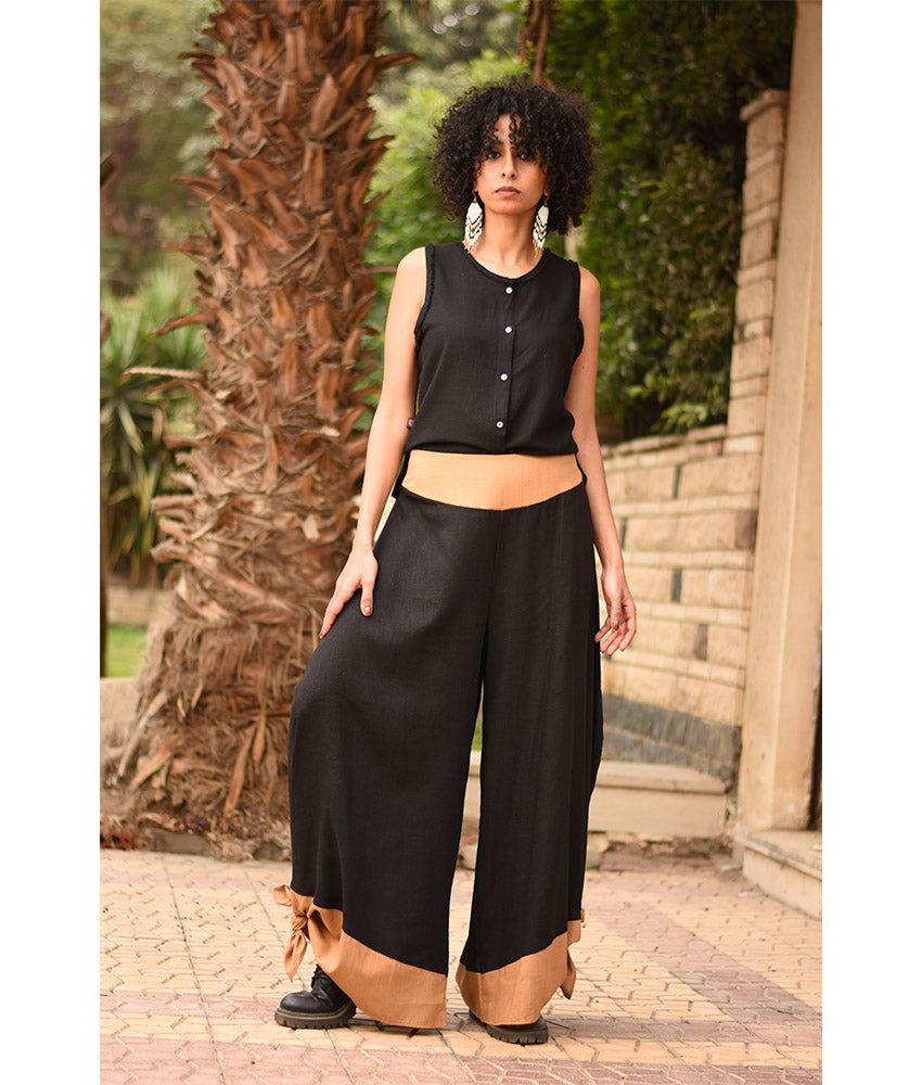 Black Flowy Pants with Camel Patches handmade in Egypt & available in Jozee boutique