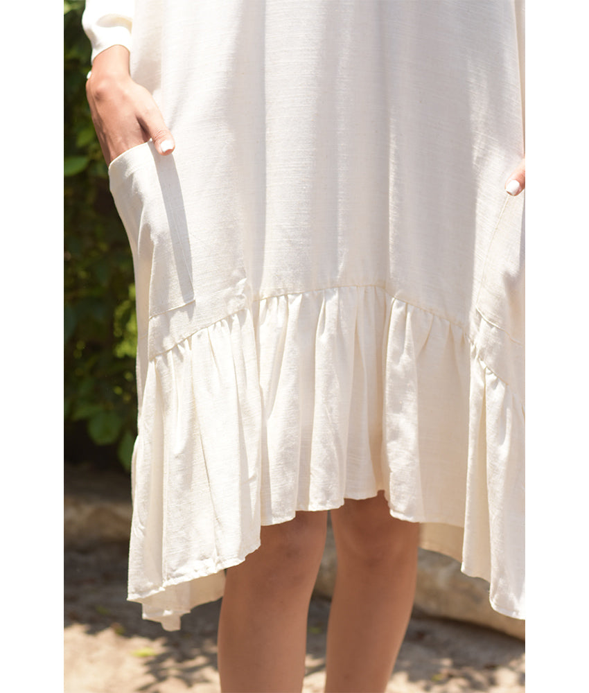 Off White Linen Midi Dress handmade in Egypt & available at Jozee Boutique.
