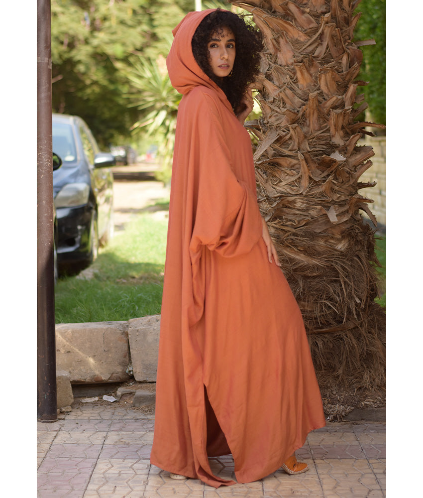 Burnt Orange Viscose Kaftan with Hoodie