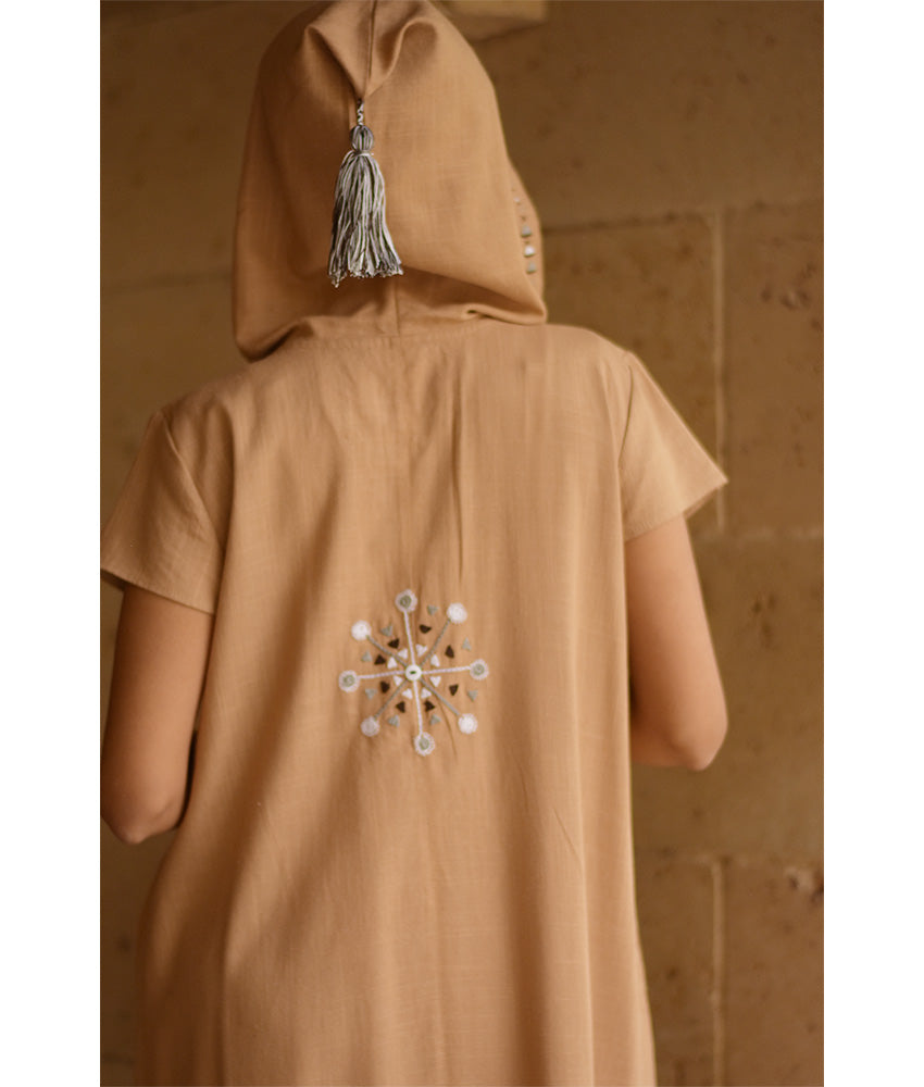 Dark Beige Siwa Embroidered Linen Dress with Hoodie handmade in Egypt & available at Jozee Boutique.