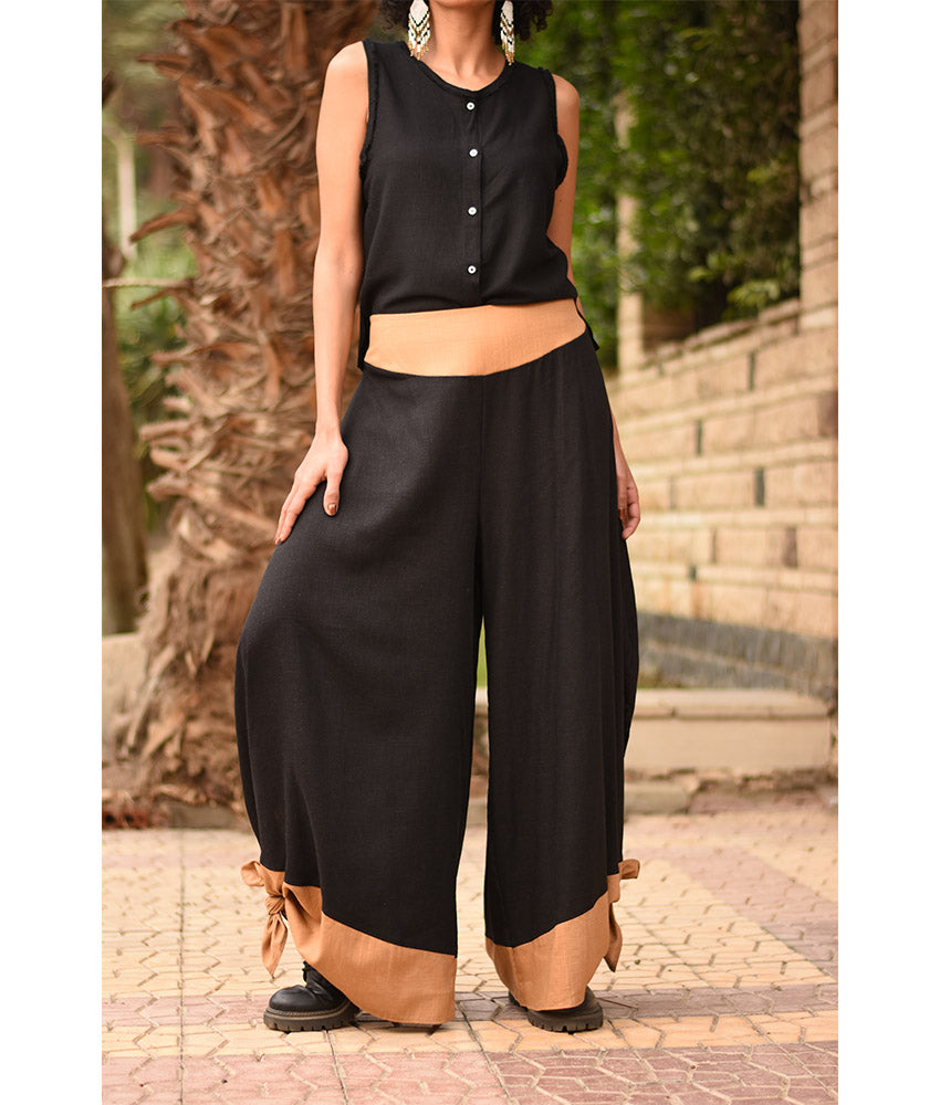 Black Flowy Pants with Camel Patches handmade in Egypt & available in Jozee boutique