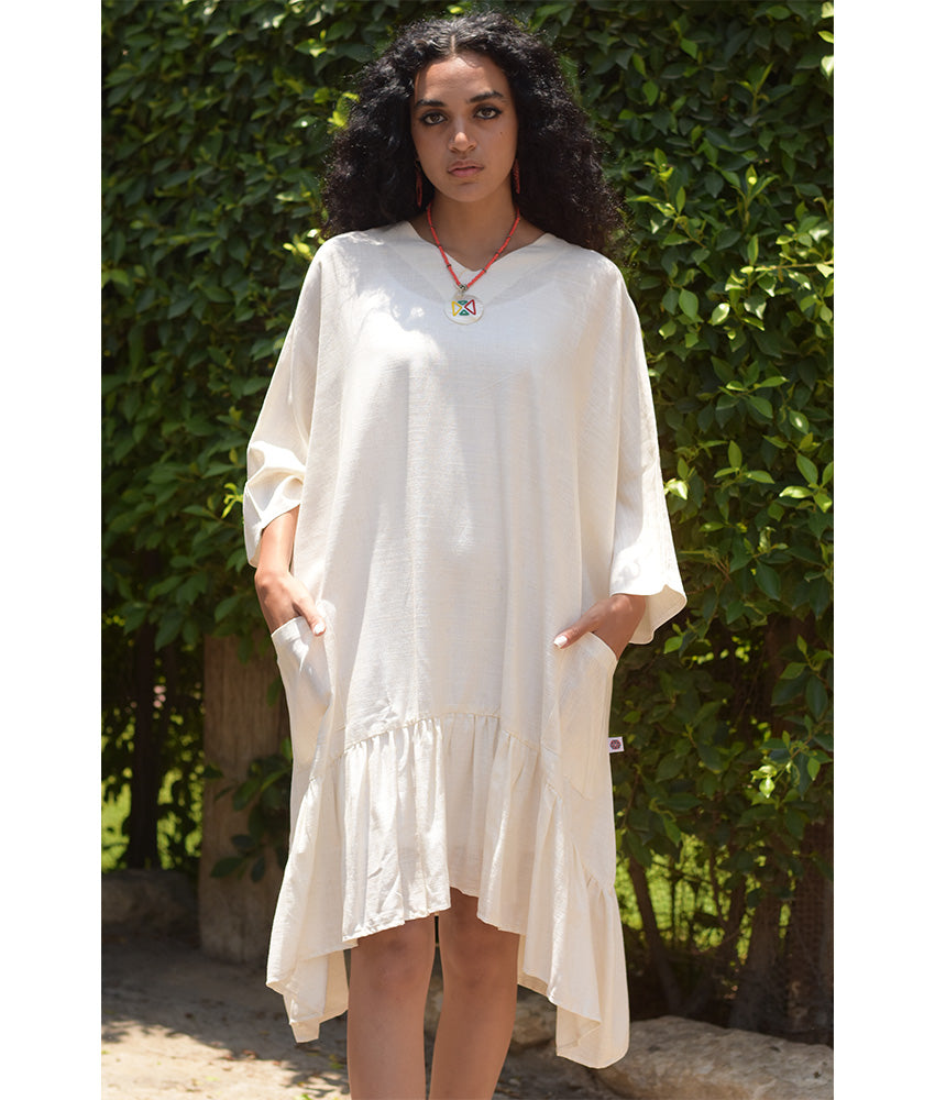 Off White Linen Midi Dress handmade in Egypt & available at Jozee Boutique.