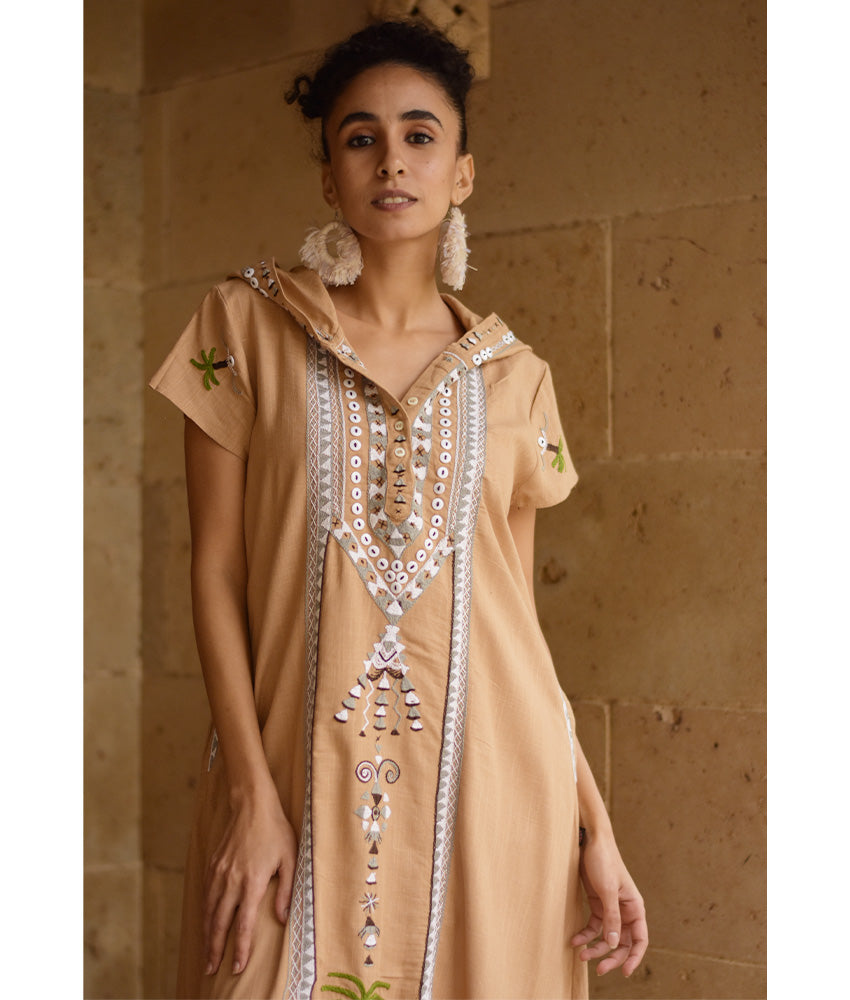 Dark Beige Siwa Embroidered Linen Dress with Hoodie handmade in Egypt & available at Jozee Boutique.