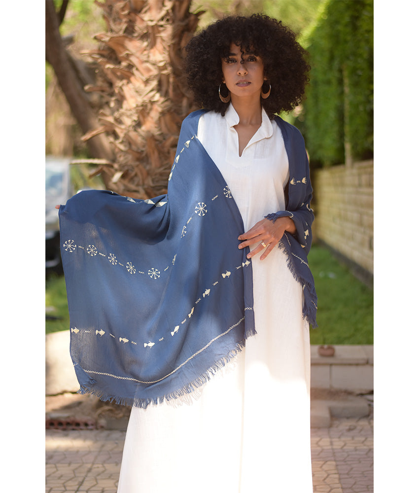 Denim blue Siwa Embroidered Viscose Shawl Handmade in Egypt & available at Jozee Boutique