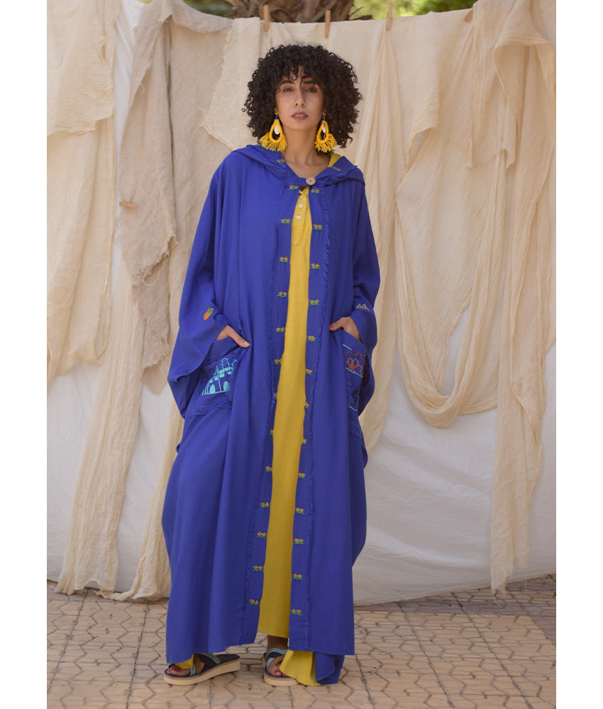 Electric blue Hand Embroidered Linen Cardigan/Abaya with Hoodie handmade in Egypt & available at Jozee Boutique.