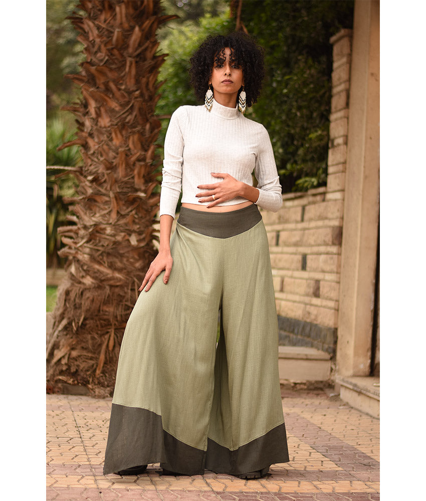 Light Olive Green Flowy Pants with Dark Olive Green Patches handmade in Egypt & available in Jozee boutique