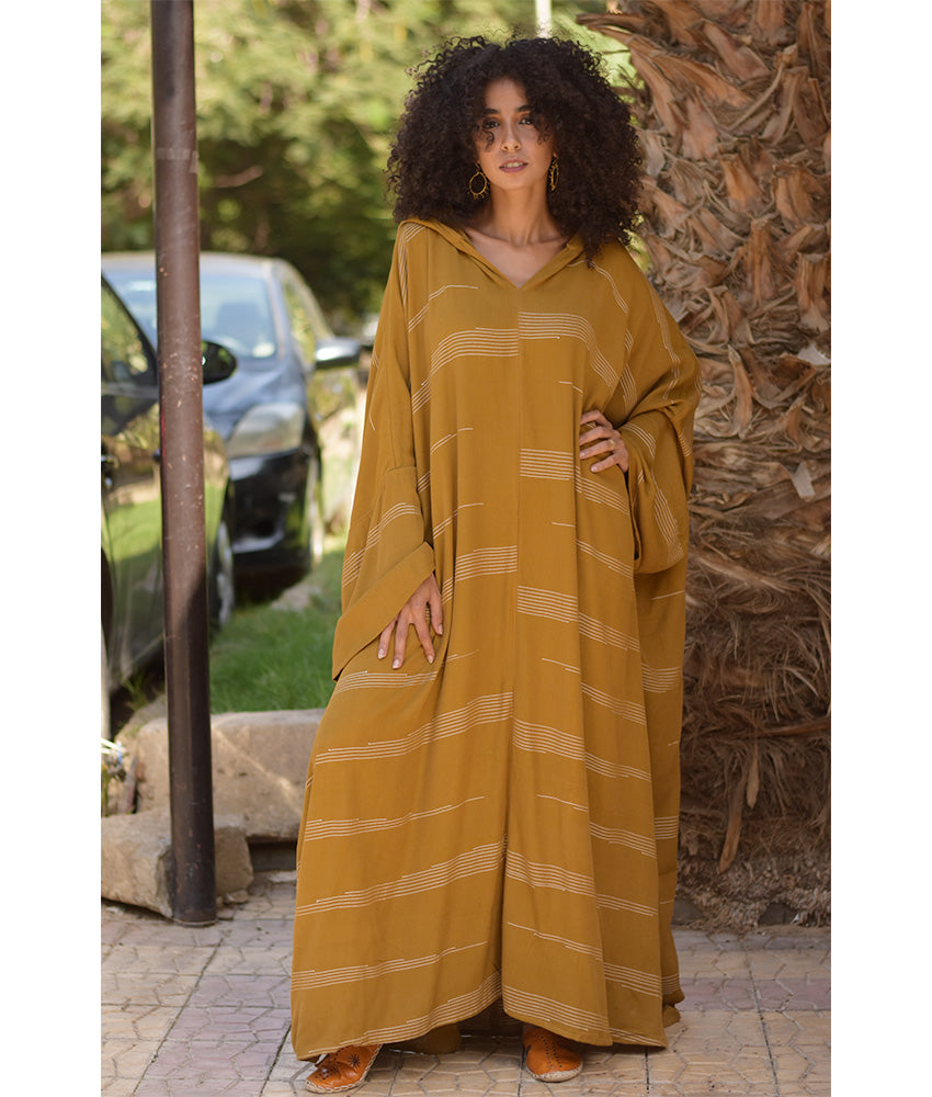 Mustard Viscose Kaftan with Hoodie