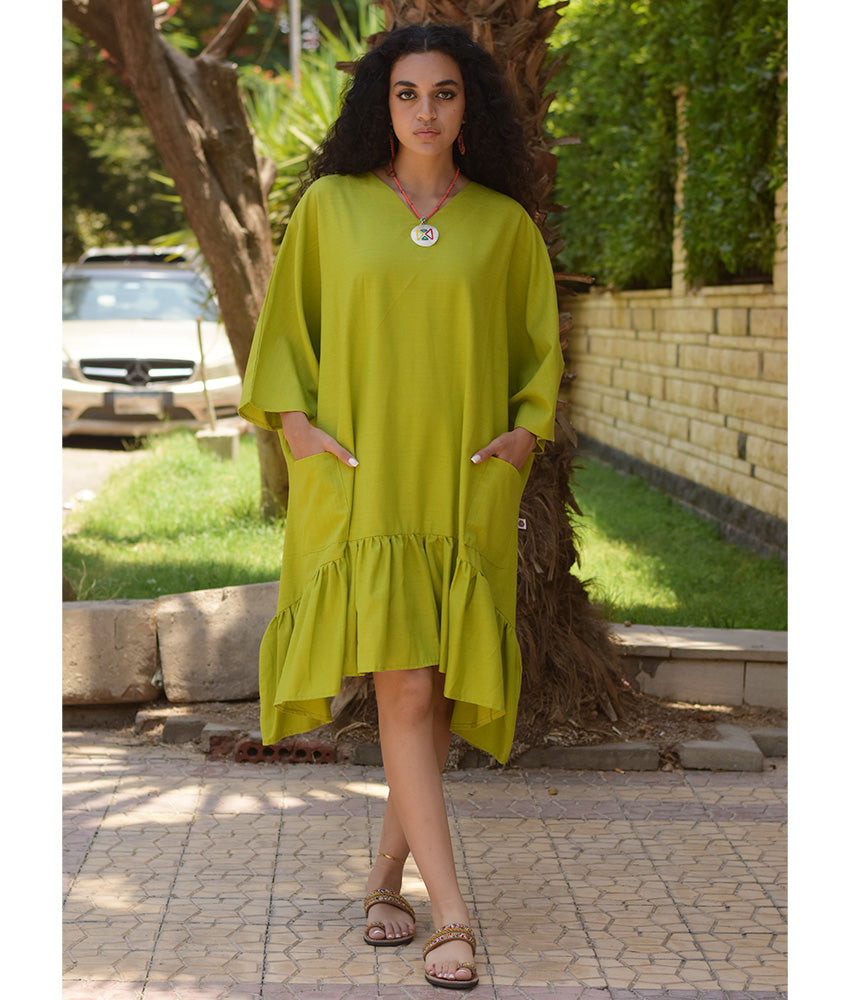Lime Green Linen Midi Dress handmade in Egypt & available at Jozee Boutique.