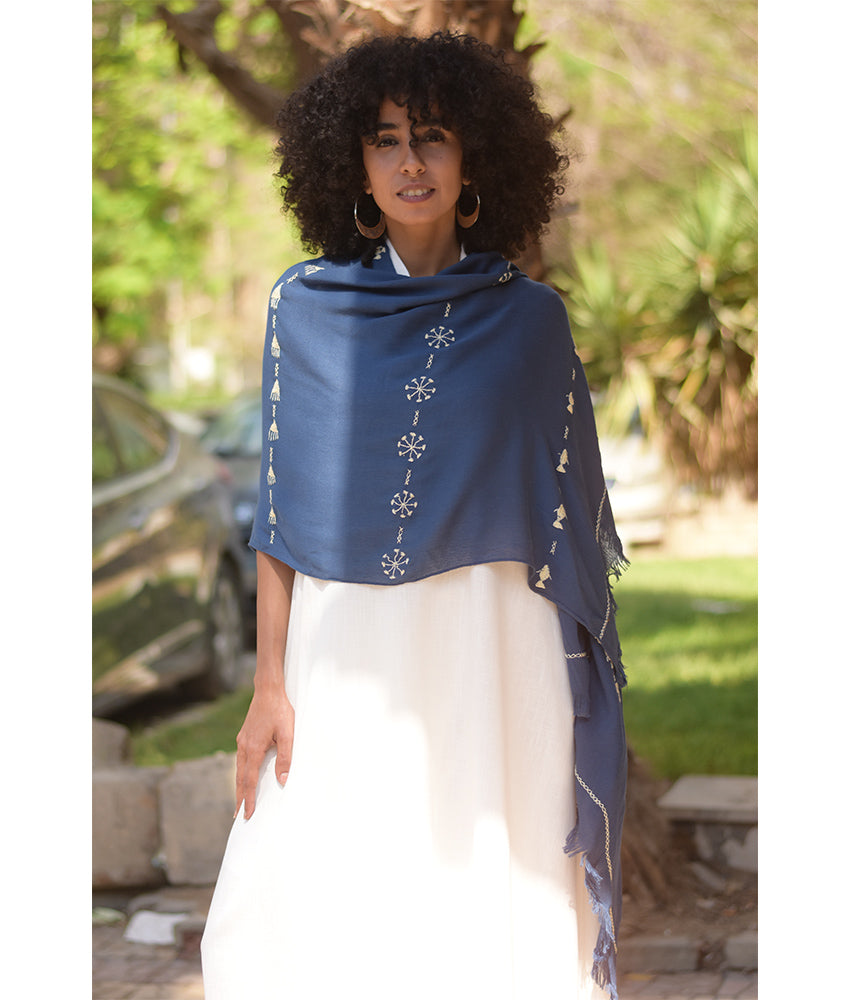 Denim blue Siwa Embroidered Viscose Shawl Handmade in Egypt & available at Jozee Boutique
