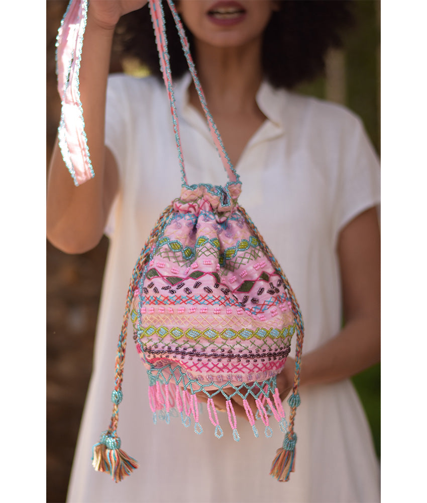 Pink Beaded Saint Catherine Embroidered Cross Bag handmade in Egypt & available in Jozee boutique