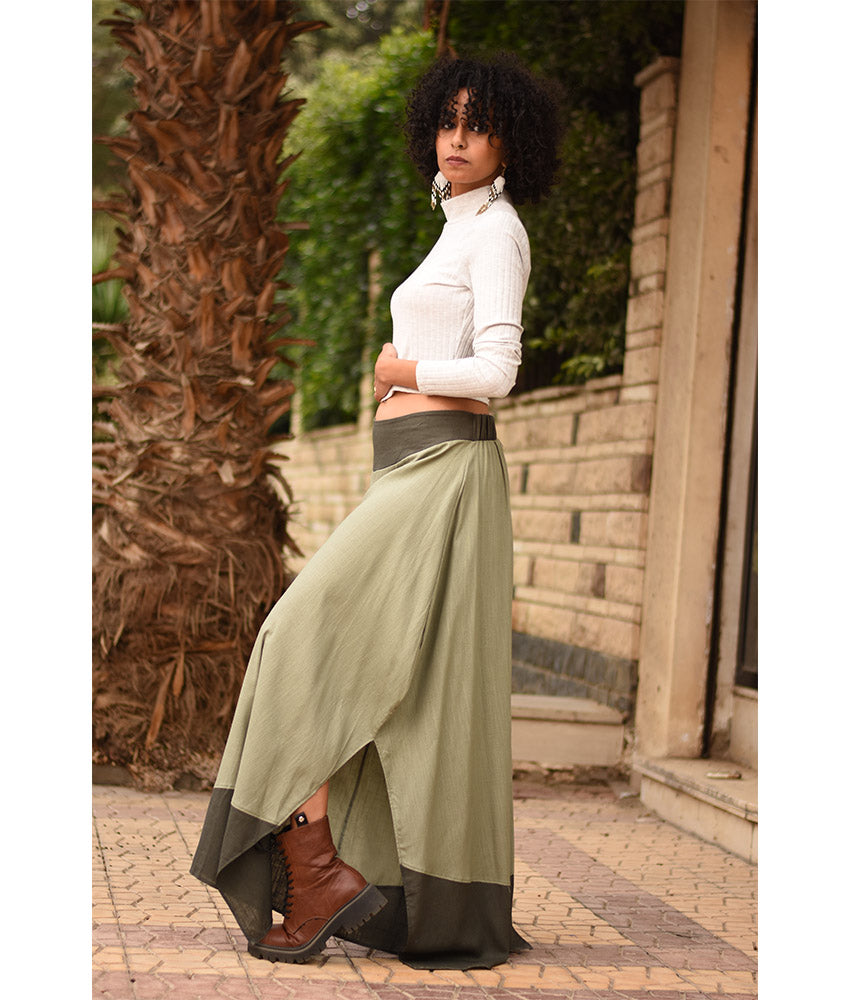 Light Olive Green Flowy Pants with Dark Olive Green Patches handmade in Egypt & available in Jozee boutique