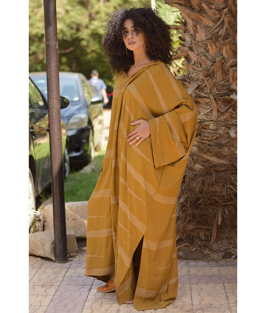 Mustard Viscose Kaftan with Hoodie