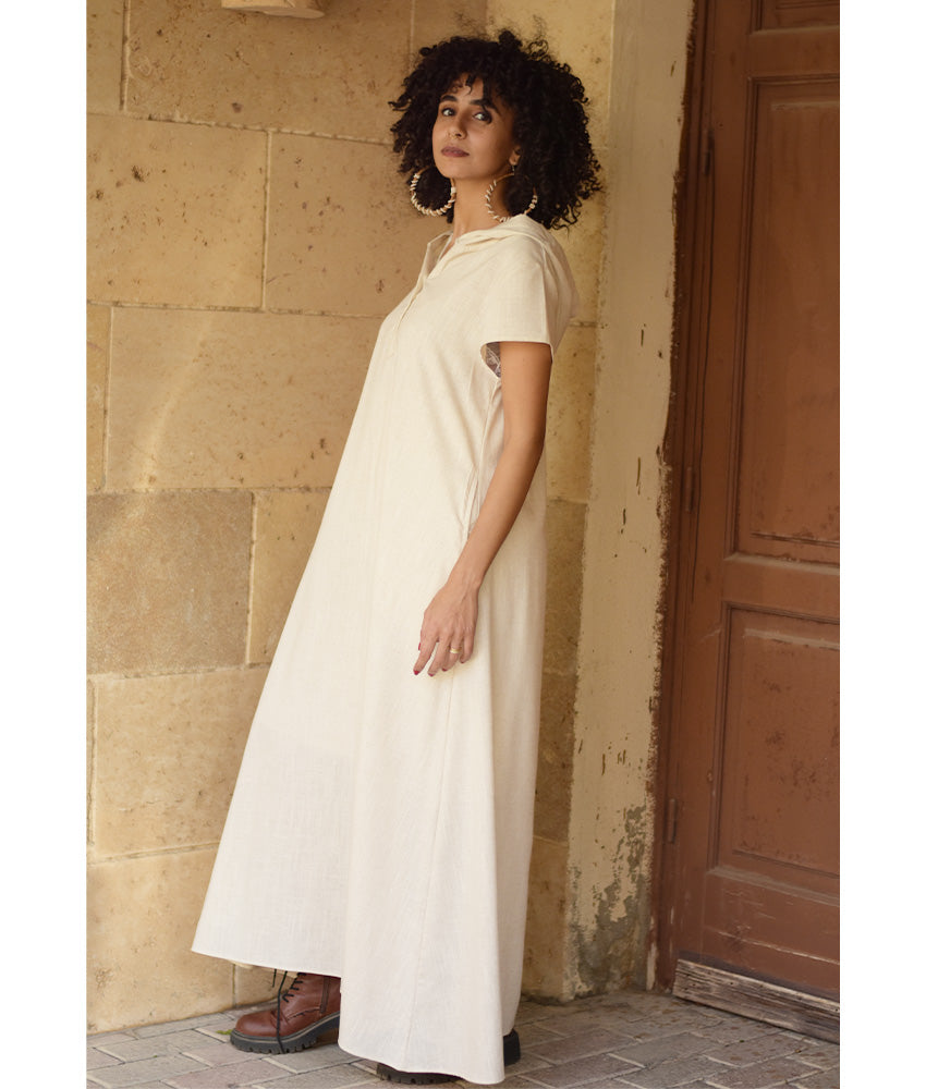 Off white Linen Dress with Hoodie handmade in Egypt & available at Jozee Boutique.