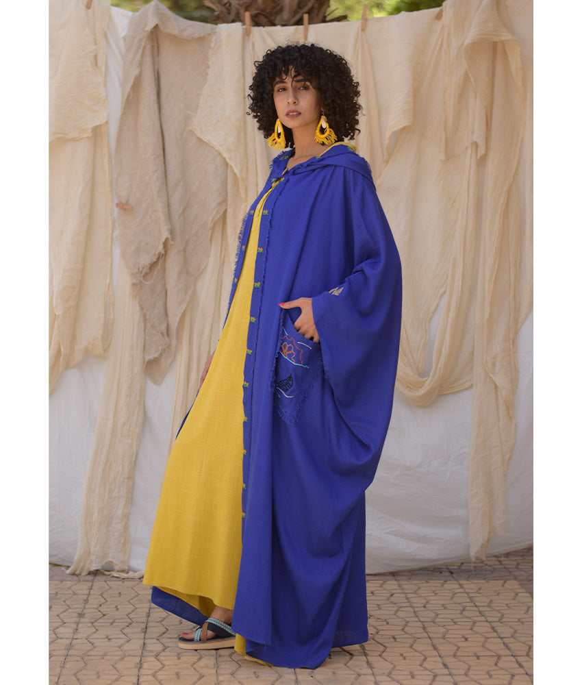Electric blue Hand Embroidered Linen Cardigan/Abaya with Hoodie handmade in Egypt & available at Jozee Boutique.