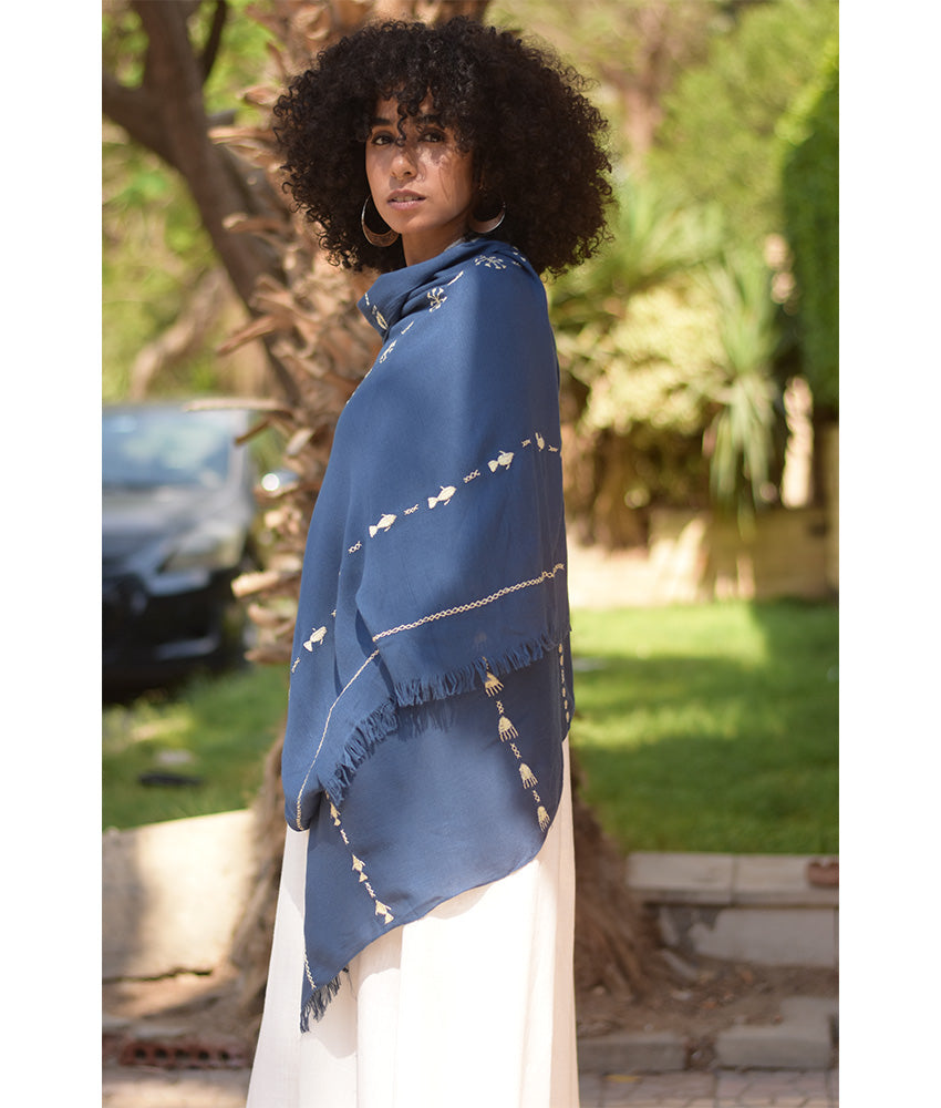 Denim blue Siwa Embroidered Viscose Shawl Handmade in Egypt & available at Jozee Boutique