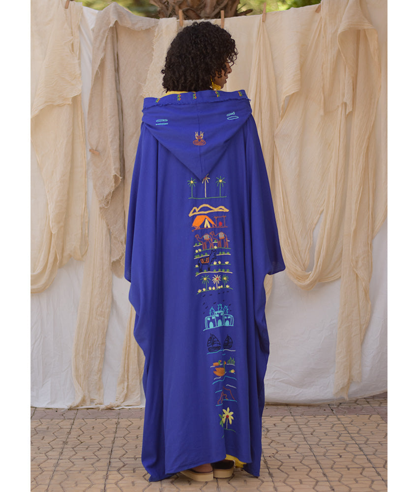 Electric blue Hand Embroidered Linen Cardigan/Abaya with Hoodie handmade in Egypt & available at Jozee Boutique.