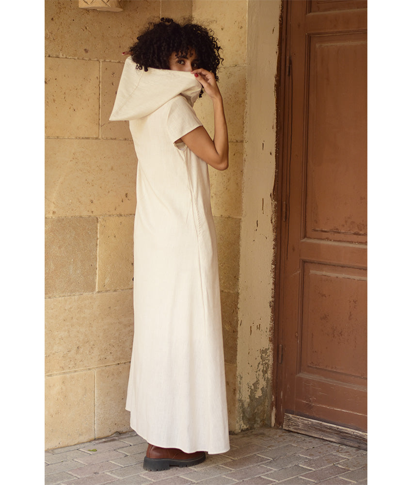 Off white Linen Dress with Hoodie handmade in Egypt & available at Jozee Boutique.