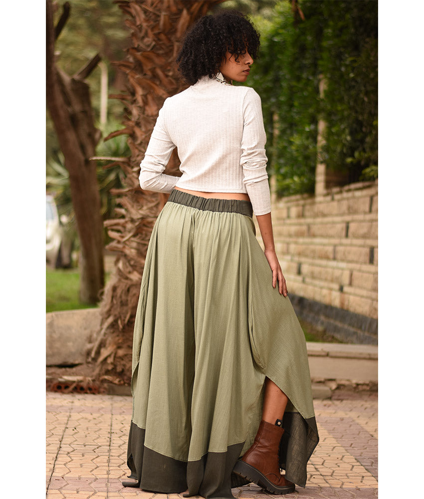 Light Olive Green Flowy Pants with Dark Olive Green Patches handmade in Egypt & available in Jozee boutique