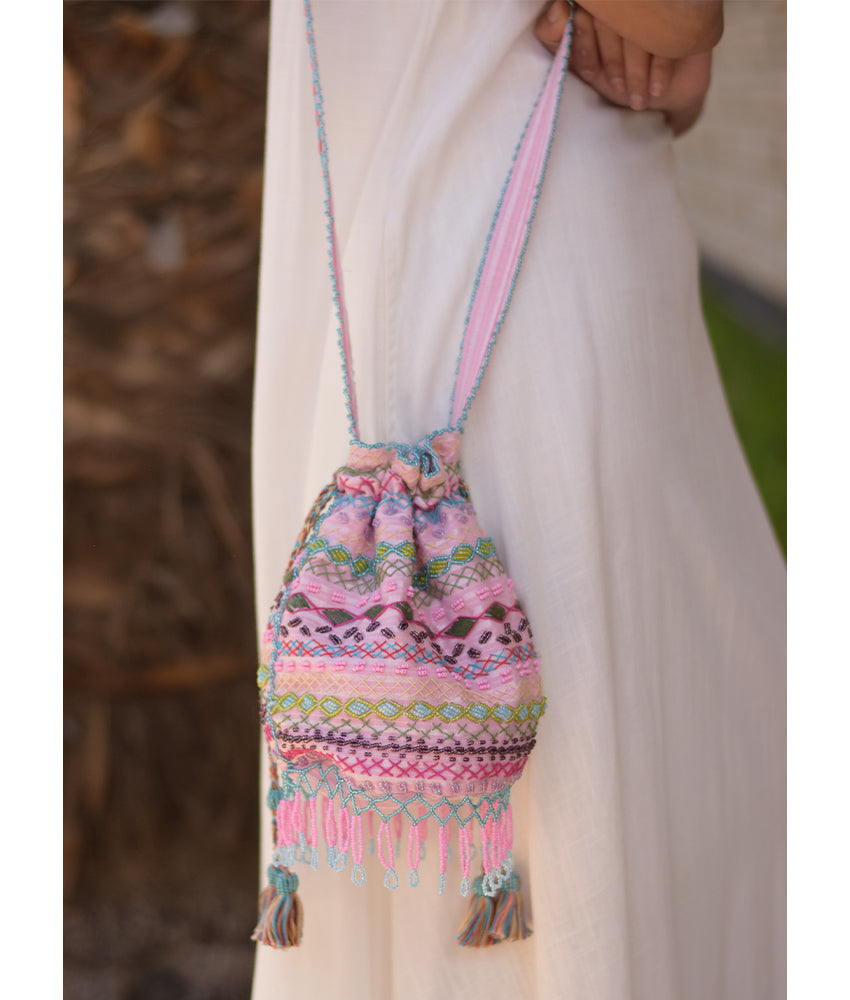 Pink Beaded Saint Catherine Embroidered Cross Bag handmade in Egypt & available in Jozee boutique