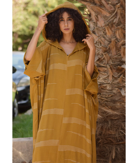 Mustard Viscose Kaftan with Hoodie