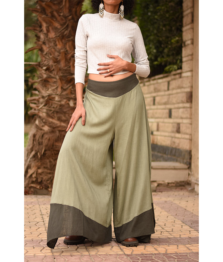 Light Olive Green Flowy Pants with Dark Olive Green Patches handmade in Egypt & available in Jozee boutique