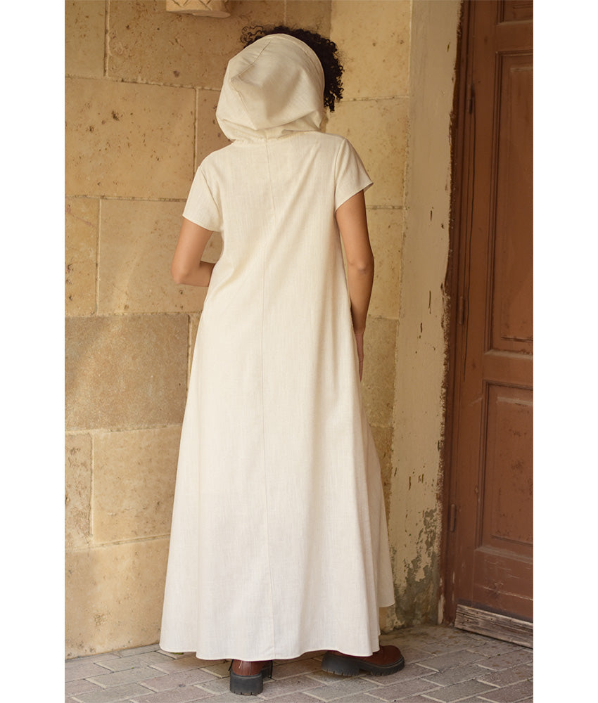 Off white Linen Dress with Hoodie handmade in Egypt & available at Jozee Boutique.
