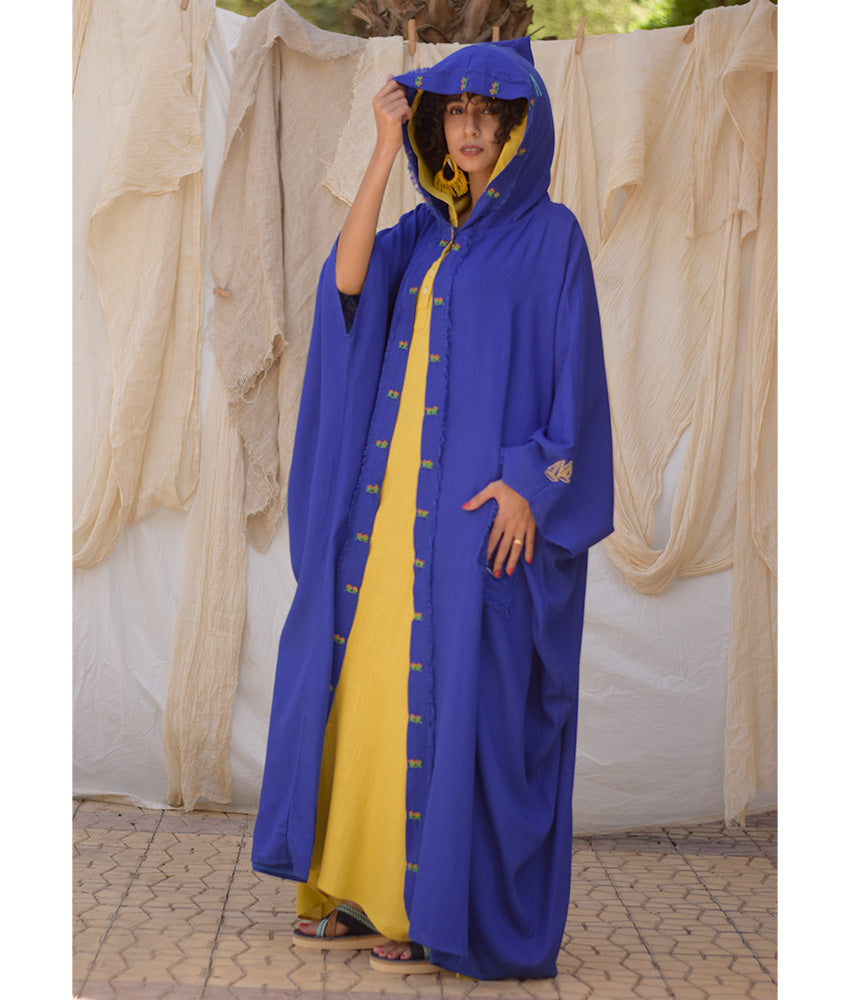 Electric blue Hand Embroidered Linen Cardigan/Abaya with Hoodie handmade in Egypt & available at Jozee Boutique.