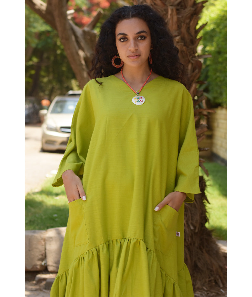 Lime Green Linen Midi Dress handmade in Egypt & available at Jozee Boutique.