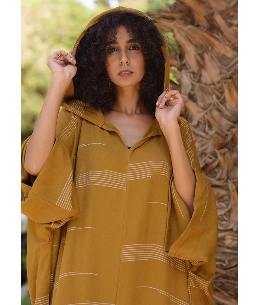 Mustard Viscose Kaftan with Hoodie