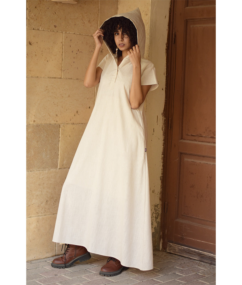 Off white Linen Dress with Hoodie handmade in Egypt & available at Jozee Boutique.
