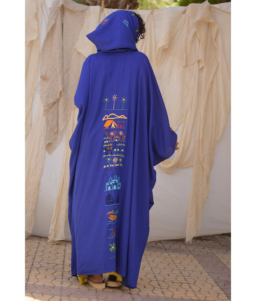 Electric blue Hand Embroidered Linen Cardigan/Abaya with Hoodie handmade in Egypt & available at Jozee Boutique.
