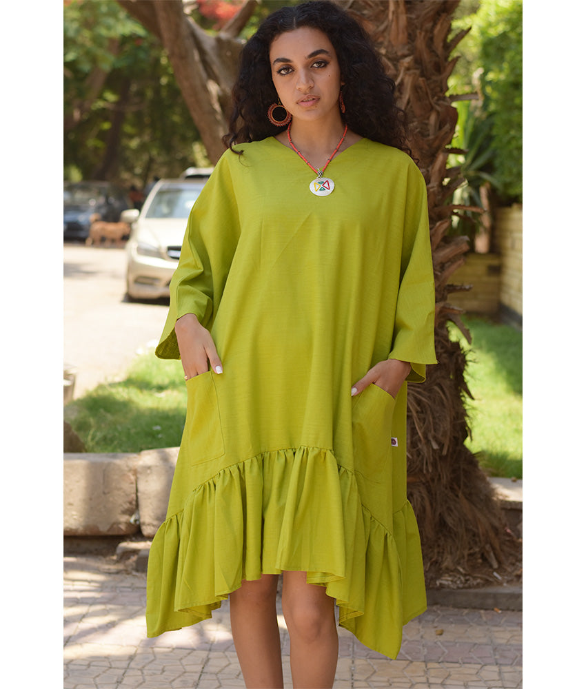 Lime Green Linen Midi Dress handmade in Egypt & available at Jozee Boutique.