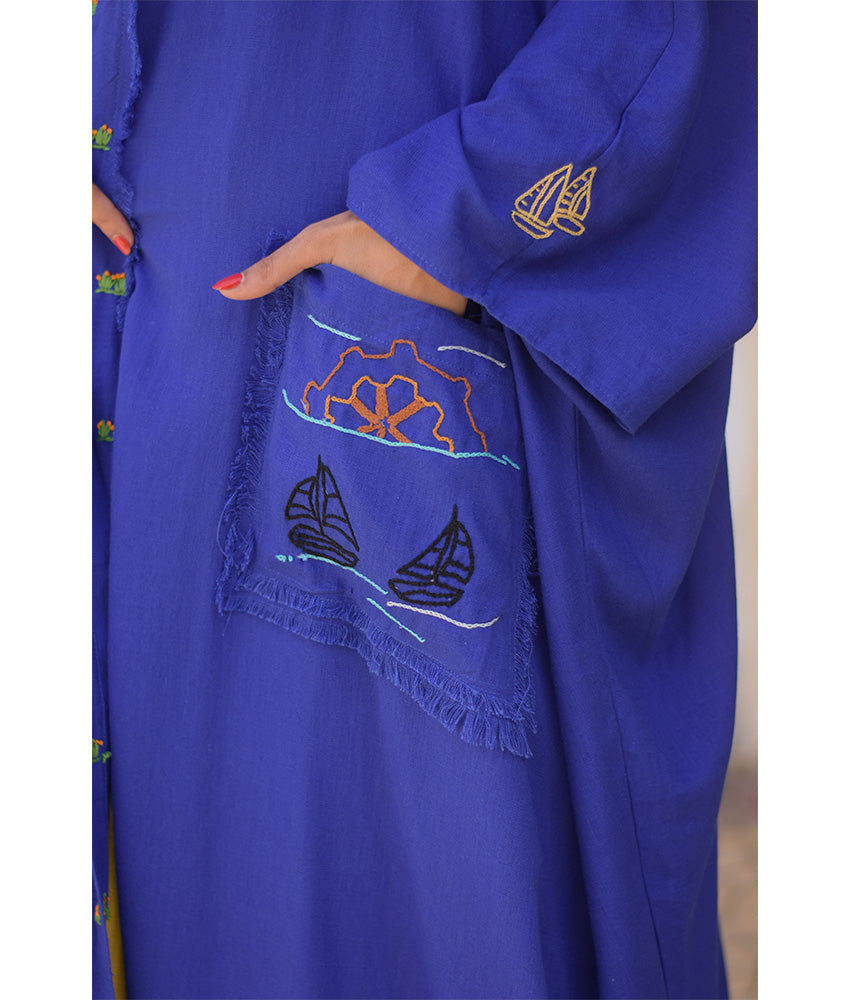 Electric blue Hand Embroidered Linen Cardigan/Abaya with Hoodie handmade in Egypt & available at Jozee Boutique.