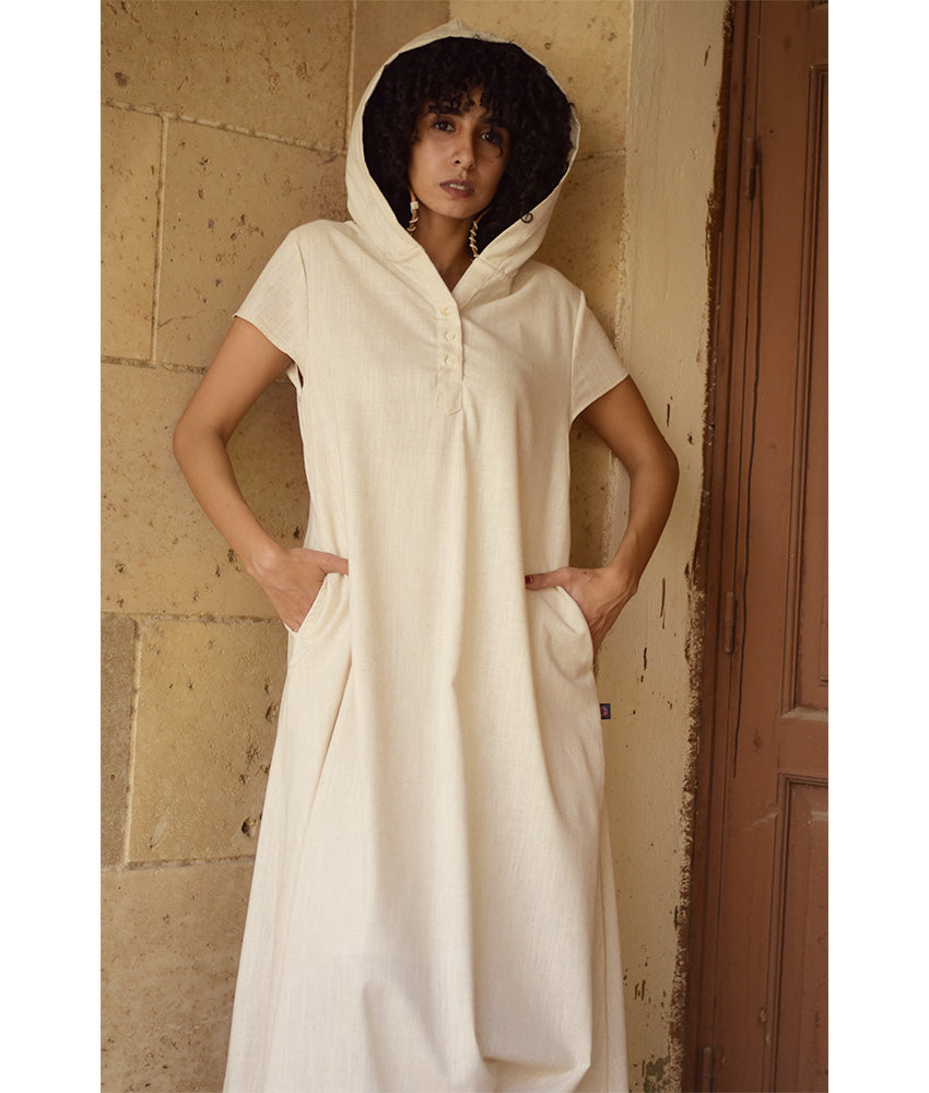 Off white Linen Dress with Hoodie handmade in Egypt & available at Jozee Boutique.