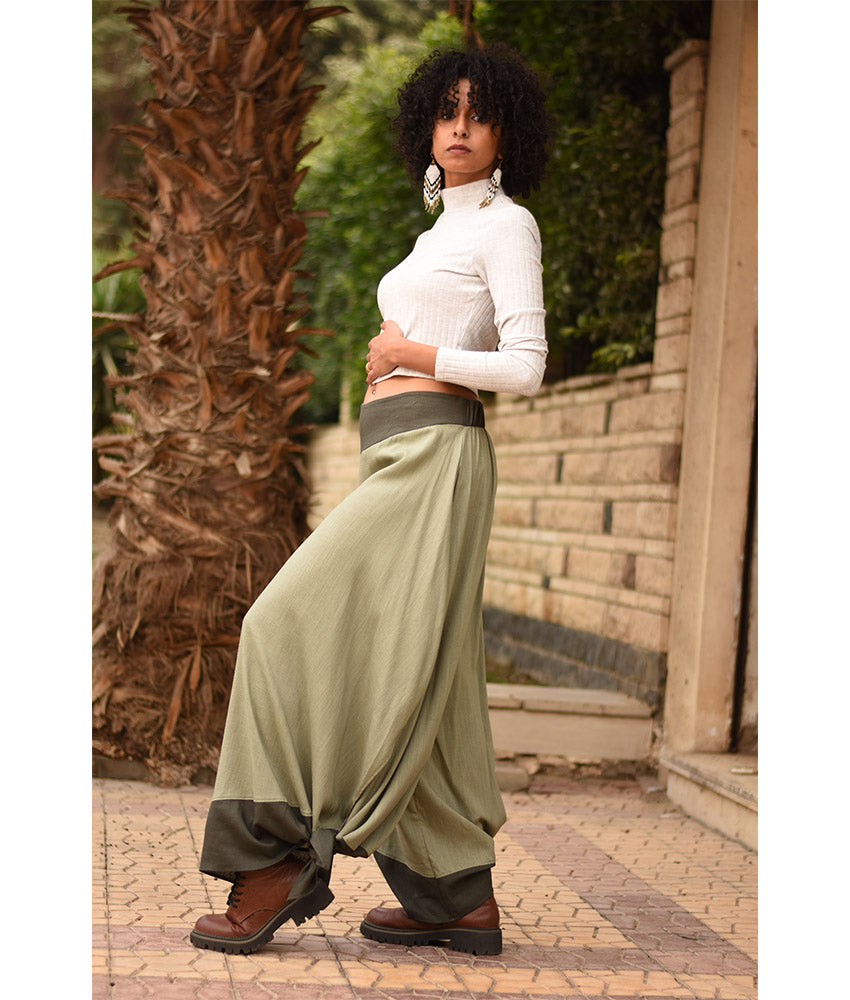 Light Olive Green Flowy Pants with Dark Olive Green Patches handmade in Egypt & available in Jozee boutique