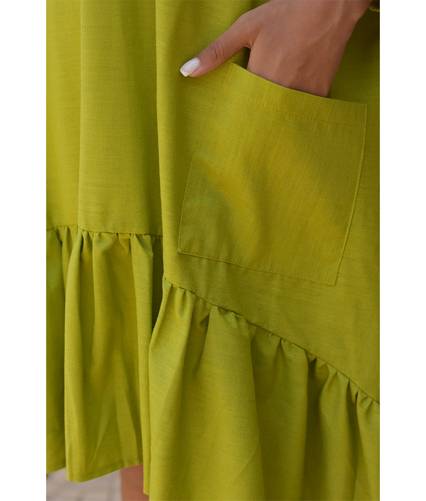 Lime Green Linen Midi Dress handmade in Egypt & available at Jozee Boutique.