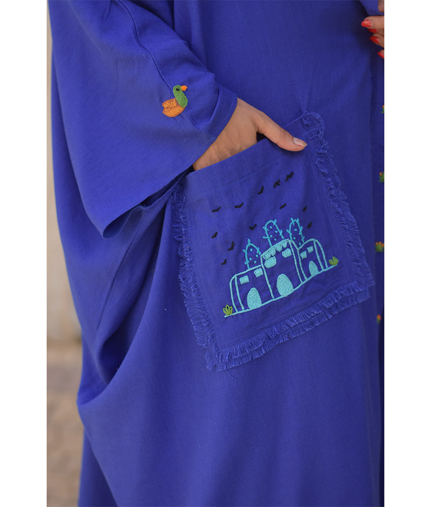 Electric blue Hand Embroidered Linen Cardigan/Abaya with Hoodie handmade in Egypt & available at Jozee Boutique.