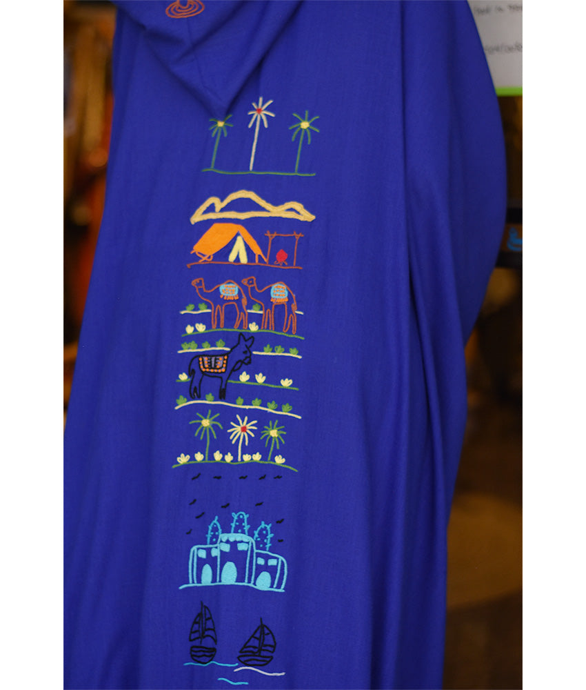 Electric blue Hand Embroidered Linen Cardigan/Abaya with Hoodie handmade in Egypt & available at Jozee Boutique.