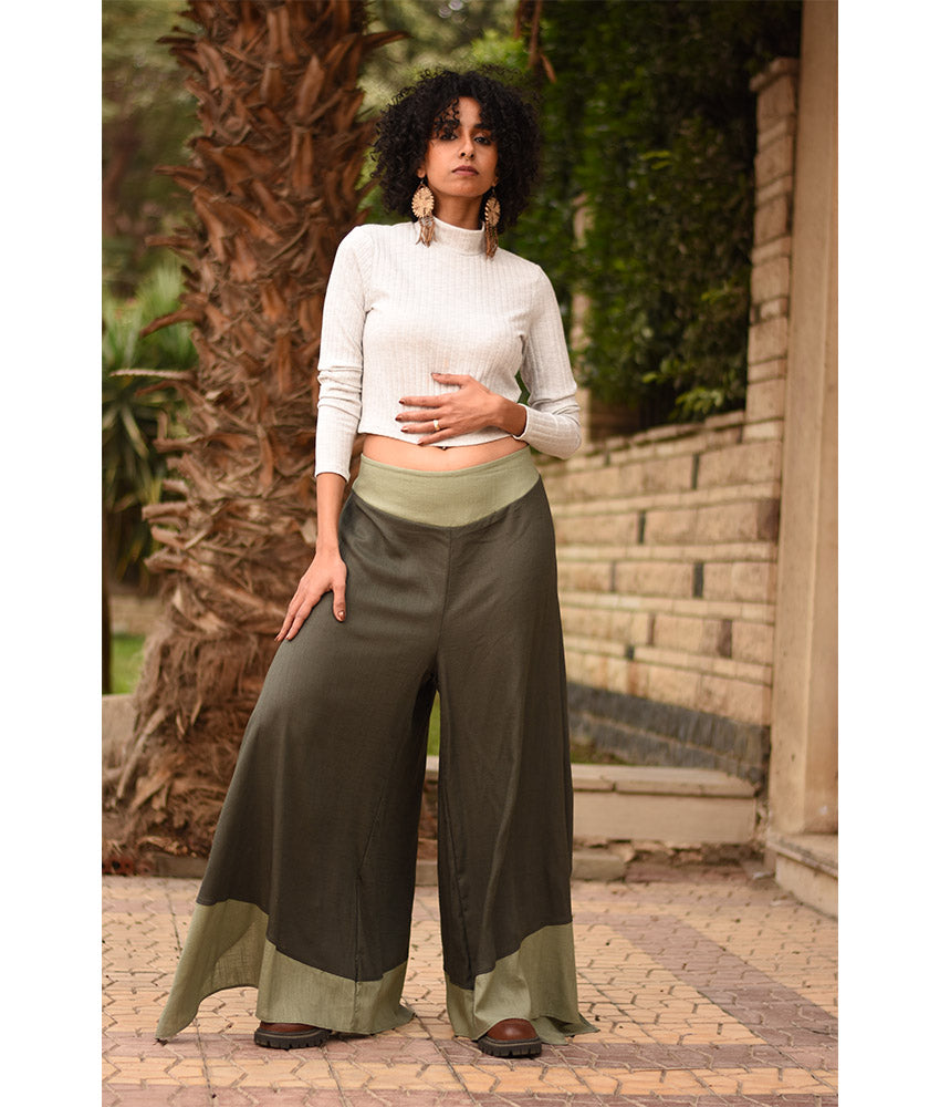 Dark Olive Green Flowy Pants with Light Olive Green Patches handmade in Egypt & available in Jozee boutique