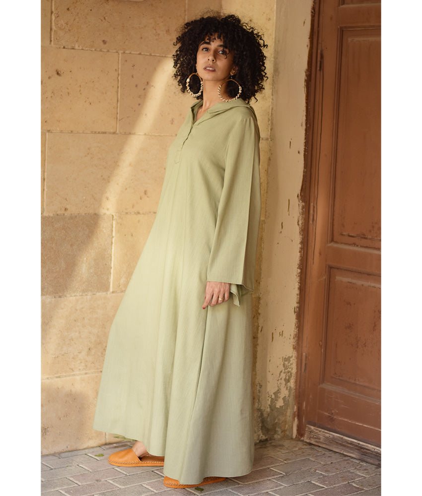 Light Olive Linen Dress with Hoodie handmade in Egypt & available at Jozee Boutique.