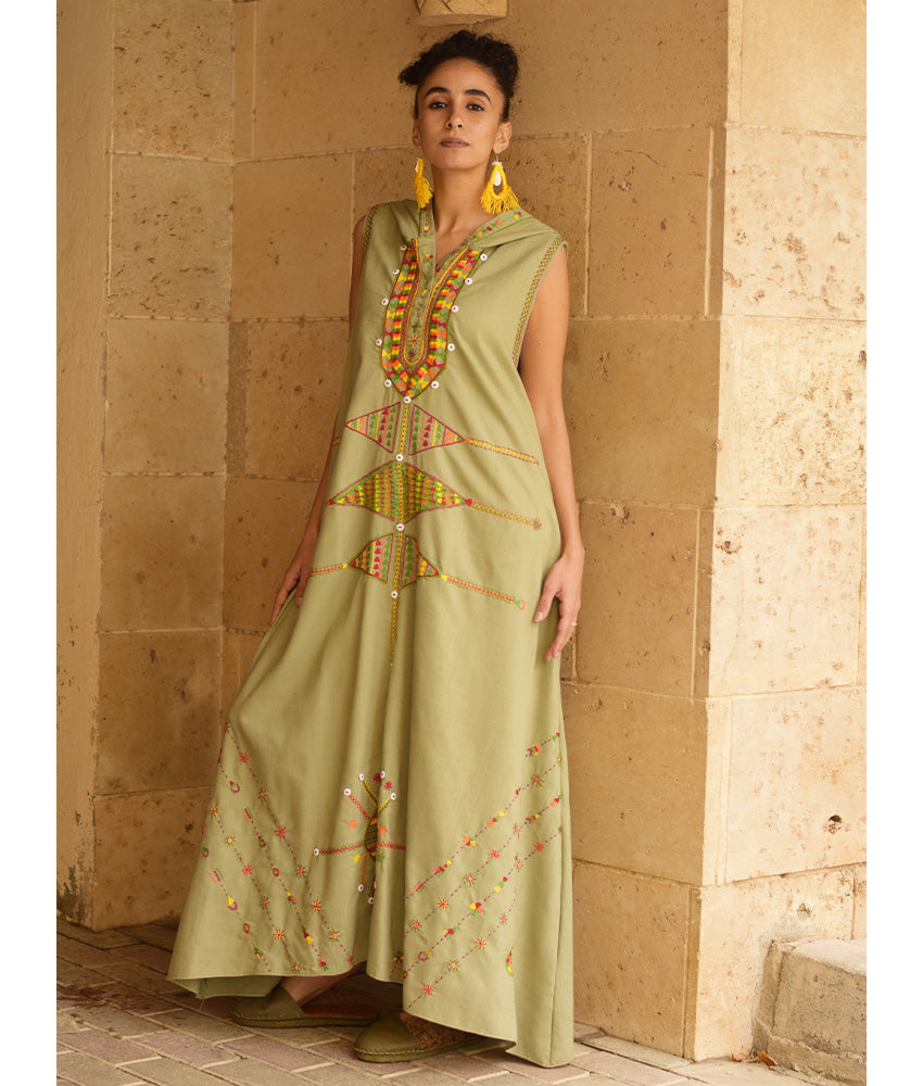 Light olive Siwa Heavily Embroidered Linen Dress with Hoodie handmade in Egypt & available at Jozee Boutique.