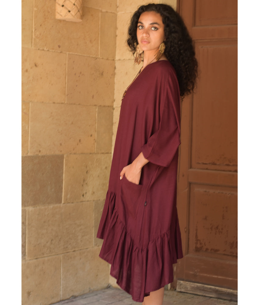 Burgundy Linen Midi Dress handmade in Egypt & available at Jozee Boutique.